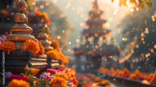 Adorned with velvet flowers, Buddha statue with golden light with bokeh effect in the background. Religion and culture. For banners, wallpaper, background, celebration, desing.  With copy space. photo