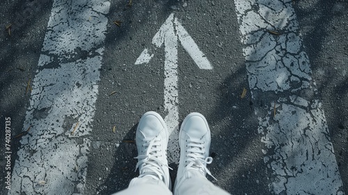 Capturing the essence of youth street lifestyle, this image features male sneakers placed on an asphalt road with a drawn directional arrow. It symbolizes millennial education guidance, student advice