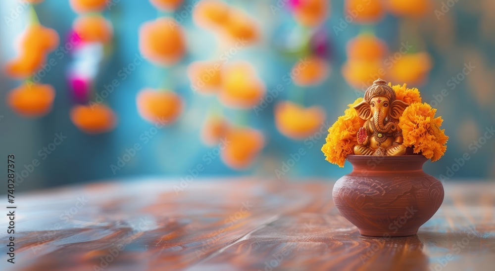 Carved statuette of Ganesha in a clay jug with flowers, on a blurred background. Religion and culture. For banners, wallpaper, background, celebration. With copy space. Bokeh, close-up, still life.  - obrazy, fototapety, plakaty 
