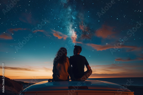 A couple stargazing from the roof of a camper van