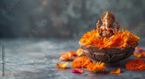 A statue of the Hindu deity Ganesha seated in a stone bowl filled with marigold flowers, Religion and culture. For banners, wallpaper, background, celebration, decor.  With copy space. photo