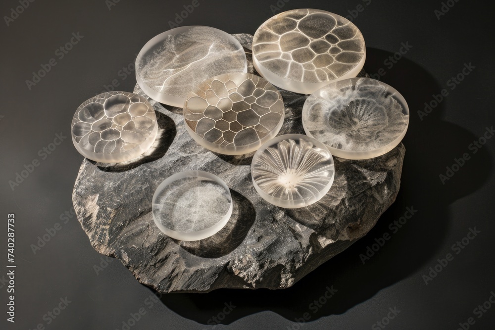 Several glass pieces neatly arranged on top of a rock. The glass pieces vary in size, creating an interesting contrast with the rough texture of the rock. Several glass pieces neatly arranged on top of a rock. The glass pieces vary in size, creating an interesting contrast with the rough texture of the rock.