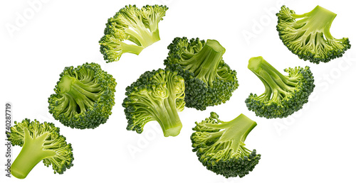 Falling broccoli isolated on white background