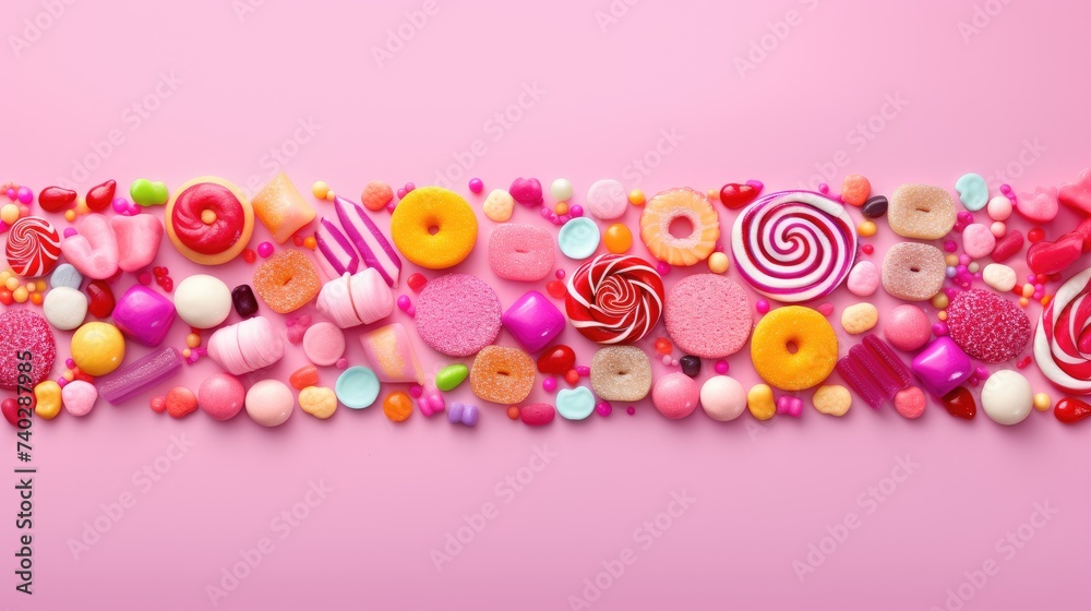 Vibrant Assortment of Colorful Candies and Sweets on a Pink Background