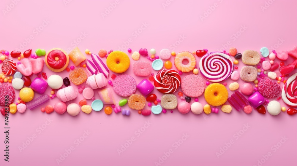 Fototapeta premium Vibrant Assortment of Colorful Candies and Sweets on a Pink Background