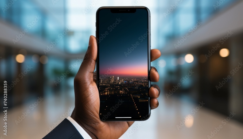 African american man holding new smartphone mockup in png, isolated on solid background