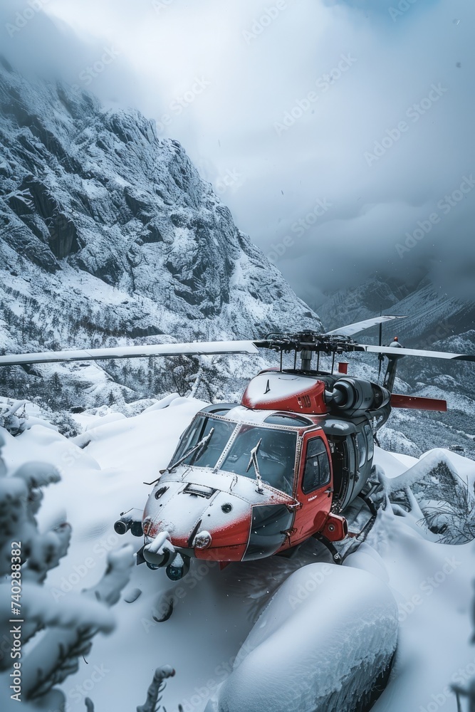 A red helicopter crashed on a mountain covered on snow A red helicopter crashed on a mountain covered on snow