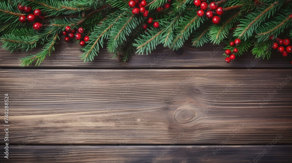 Festive Christmas Evergreen Pine Branches with Red Berries and Pine Cones on Wooden Background Festive Christmas Evergreen Pine Branches with Red Berries and Pine Cones on Wooden Background