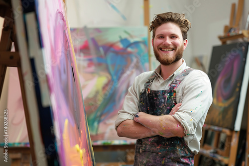 Confident Male Artist with Paint-Splattered Apron, Vibrant Art Studio