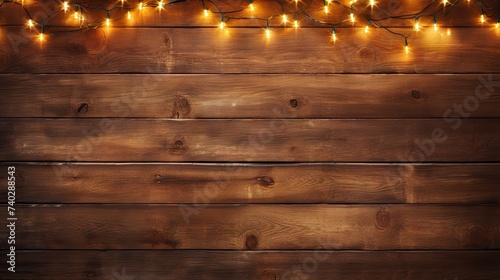 Warm Glow of Christmas Lights Adorning Rustic Wooden Wall for Festive Atmosphere