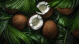 Rustic Coconuts with Fresh Green Leaves on Natural Background