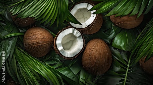 Rustic Coconuts with Fresh Green Leaves on Natural Background
