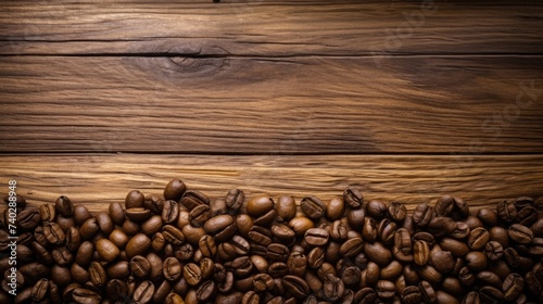 Aromatic Coffee Beans Arranged on Vintage Oak Wood Background for Rustic Charm © StockKing