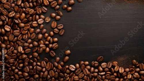 Aromatic Coffee Beans Scattered on a Mysterious Dark Background with Copy Space for Customization