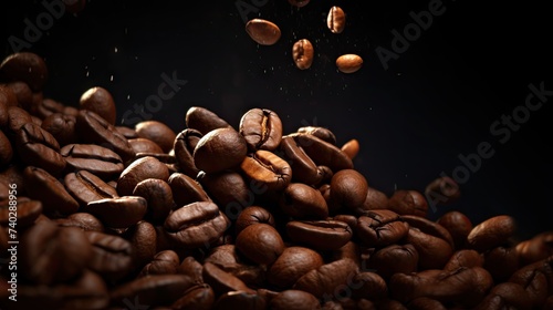 Aromatic Coffee Beans Cascading into a Pile on Dark Background photo