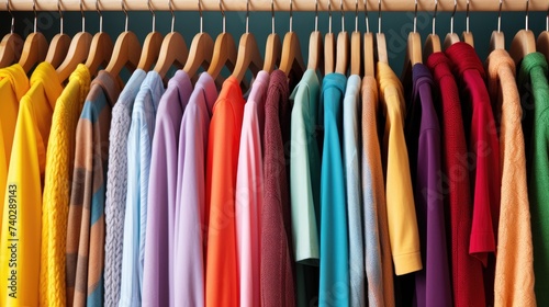 Vibrant Variety: Assorted Clothes Hanging on Colorful Rack for Shopping or Wardrobe