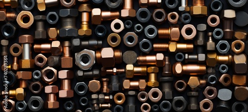Bronze and black Nuts and bolts pattern top view background. Nuts and bolts texture photo