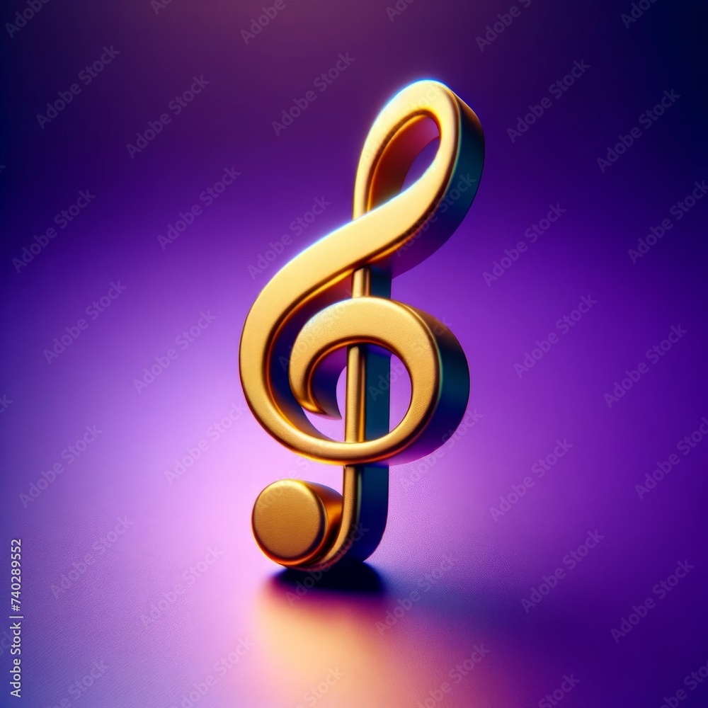 Fototapeta premium Single golden quaver treble clef on vivid purple 3D background.