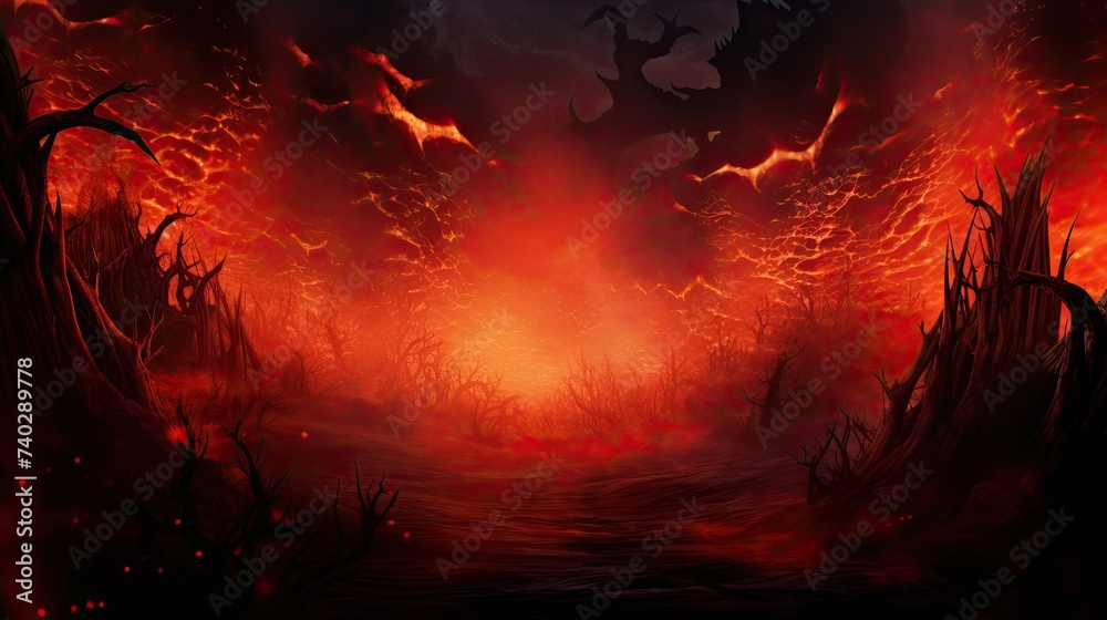Enigmatic Dark Forest Illuminated by a Mesmerizing Red Fire in the Center