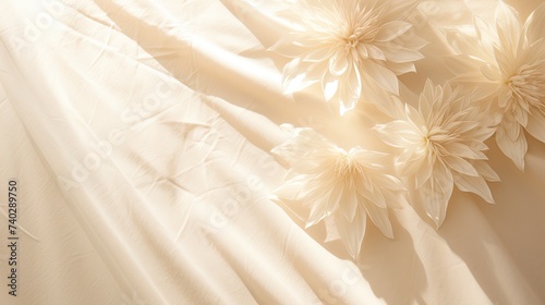 Soft Sunlight Filtering Through Delicate White Floral Curtain, Creating an Aesthetic Silhouette