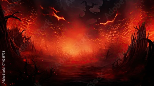 Enigmatic Dark Forest Illuminated by a Mesmerizing Red Fire in the Center