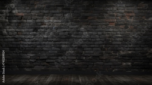Mysterious Dark Brick Wall Contrasting with Natural Wooden Floor in an Urban Setting