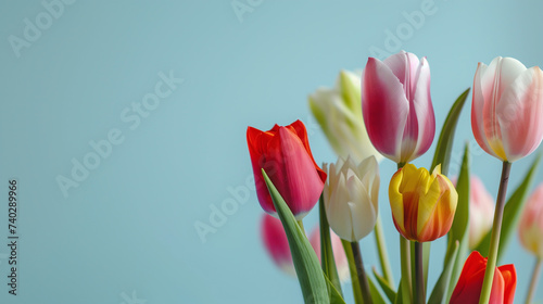 Bouquet of Colorful Tulips on Soft Blue Background  Fresh Spring Flowers for Valentine s Day  Easter  Women s Day  and Mother s Day Celebrations with Pastel Bokeh Background