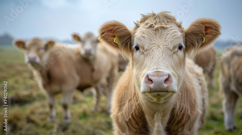 young brown calf with a white snout, standing in a lush green field during sunset, with the sky painted in soft hues of blue and orange © Serega