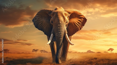 Majestic Elephant Stands Serenely in Sunlit Field Against Stunning Sunset Sky © StockKing