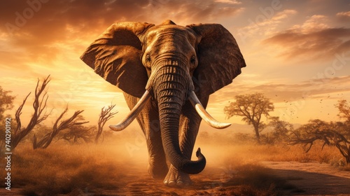 Majestic Elephant Silhouetted Against Golden Desert Sunset - Wildlife Adventure © StockKing