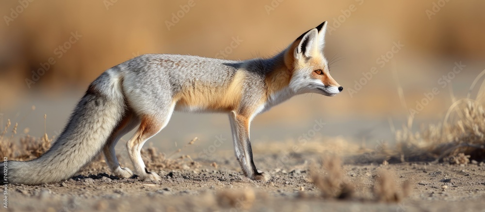 A Cape fox, also known as the cama fox or silver-backed fox, stands in the middle of a field.