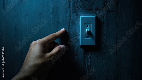 Hand Activating Light Switch to Illuminate Dark Blue Wall in Room