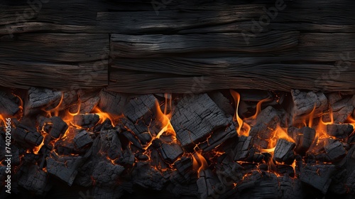 Intense Flame Illuminates Charred Wood Texture in a Cozy Fireplace Setting