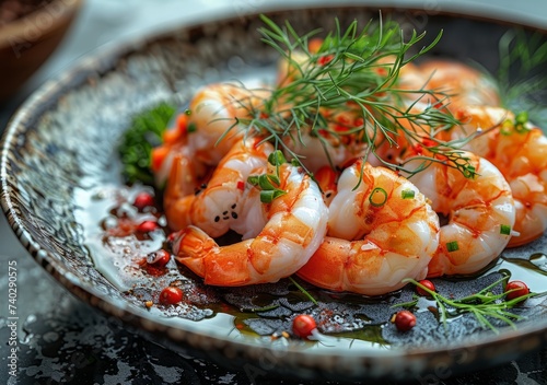 eafood on a black table, in the style of emerald and beige,  photo