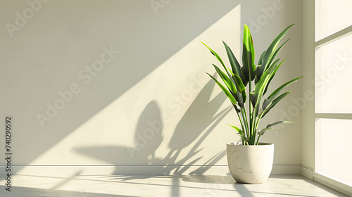 A houseplant in a flowerpot sits by the window in an empty room