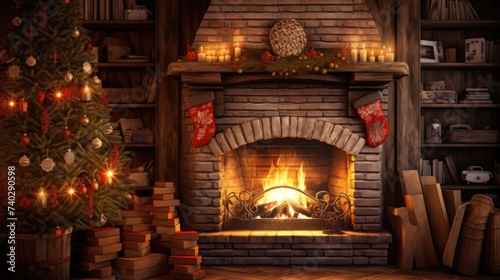 Warm Holiday Ambiance: Festive Christmas Tree by Crackling Fireplace