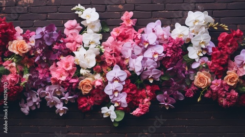 Vibrant Floral Arrangement on Weathered Brick Wall - Colorful Bouquet of Fresh Orchids, Roses, Freesia, and Eucalyptus Leaves