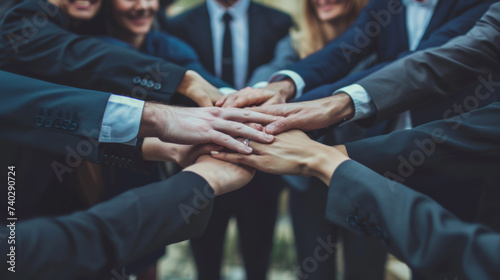 a group of professionals placing their hands together in a unified stack, symbolizing teamwork and collective motivation.