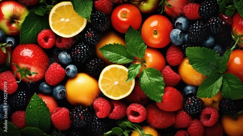 Abundance of Fresh and Colorful Fruits  Vegetables  and Berries in a Vibrant Background Display