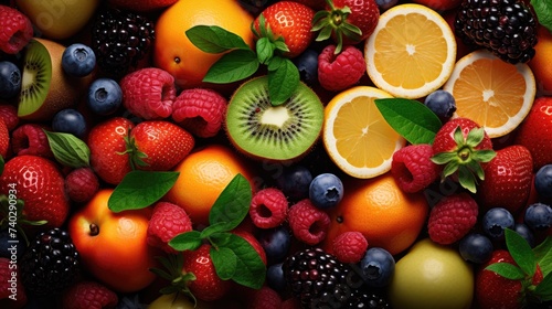 Fresh Array of Mixed Fruits Featuring Colorful Oranges and Bursting Blueberries