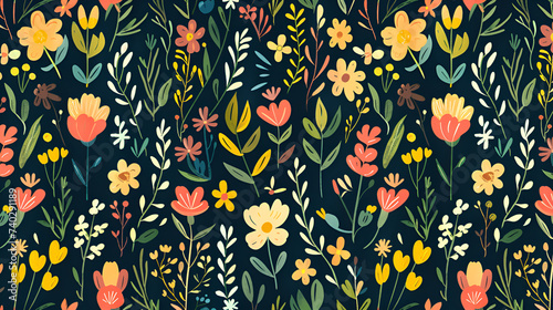 a seamless pattern of flowers and leaves on a dark background