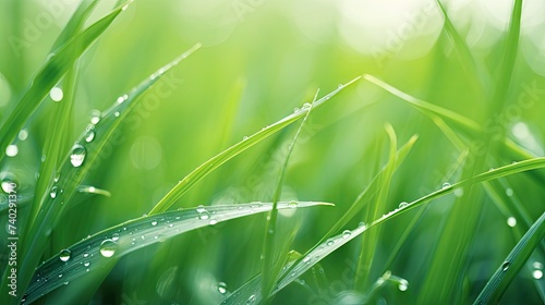 Glistening Dew Drops Adorning Vibrant Green Blades of Grass in Nature's Tranquility