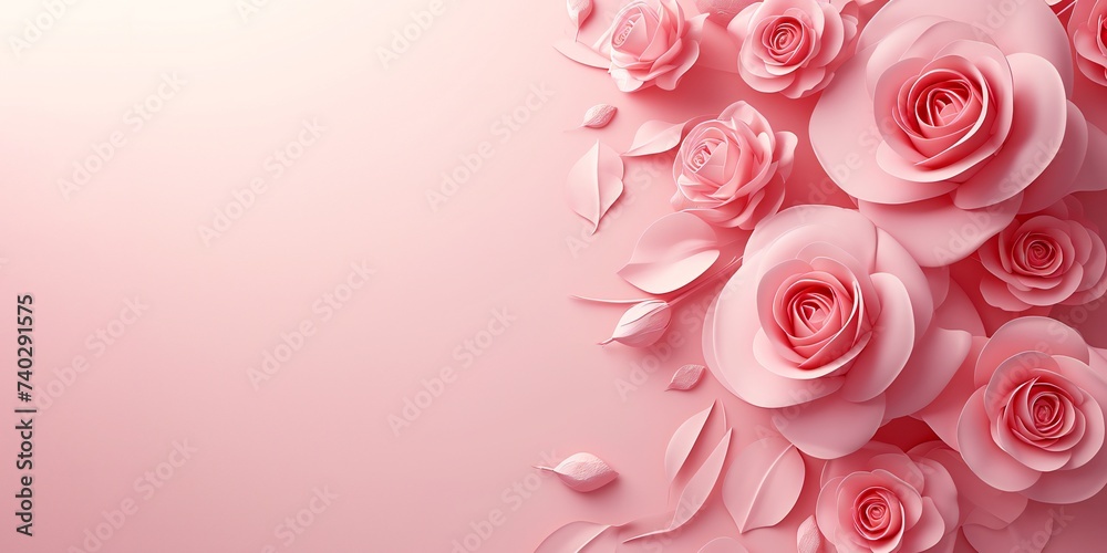 Delicate pink background with roses on the right. Copyspace - obrazy, fototapety, plakaty 