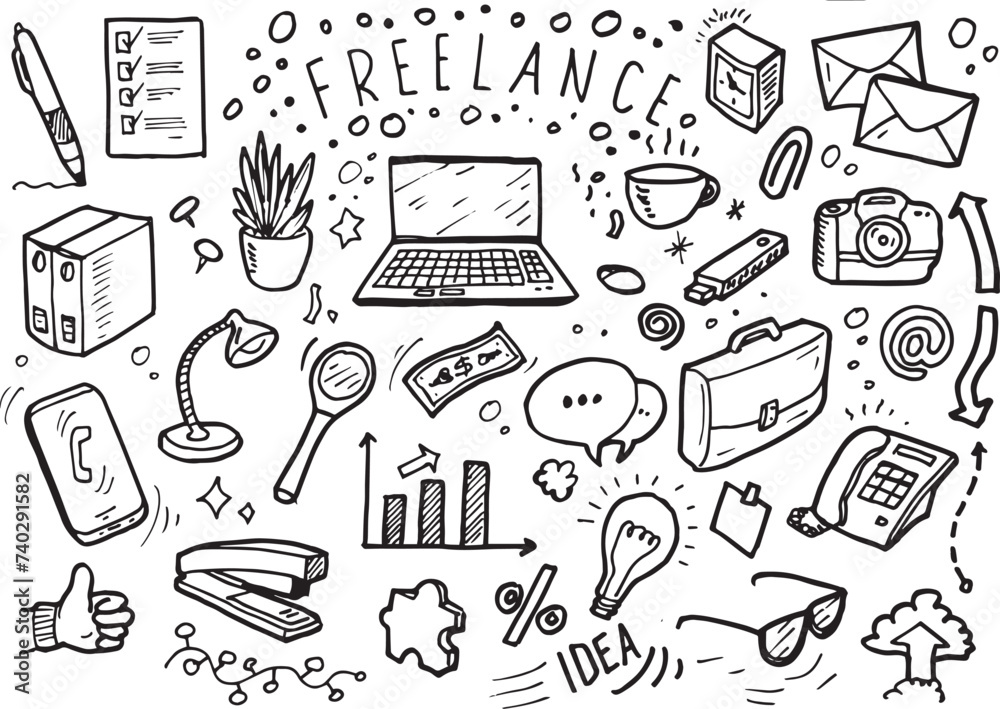 Hand drawn vector doodle freelance set, set of graphic elements