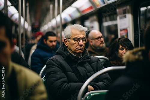 Elderly man deep in thought on a crowded subway train.