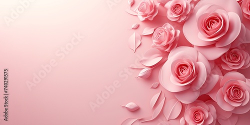 Delicate pink background with roses on the right. Copyspace