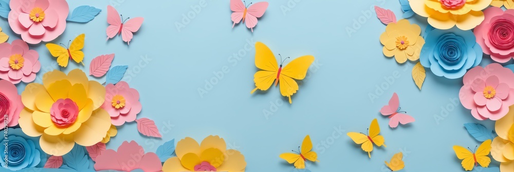 A collection of handcrafted paper flowers and butterflies are artfully arranged on a soft pastel blue backdrop, creating a whimsical and vibrant display. A collection of handcrafted paper flowers and butterflies are artfully arranged on a soft pastel blue backdrop, creating a whimsical and vibrant display.