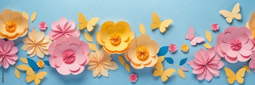 A collection of handcrafted paper flowers and butterflies are artfully arranged on a soft pastel blue backdrop, creating a whimsical and vibrant display. 