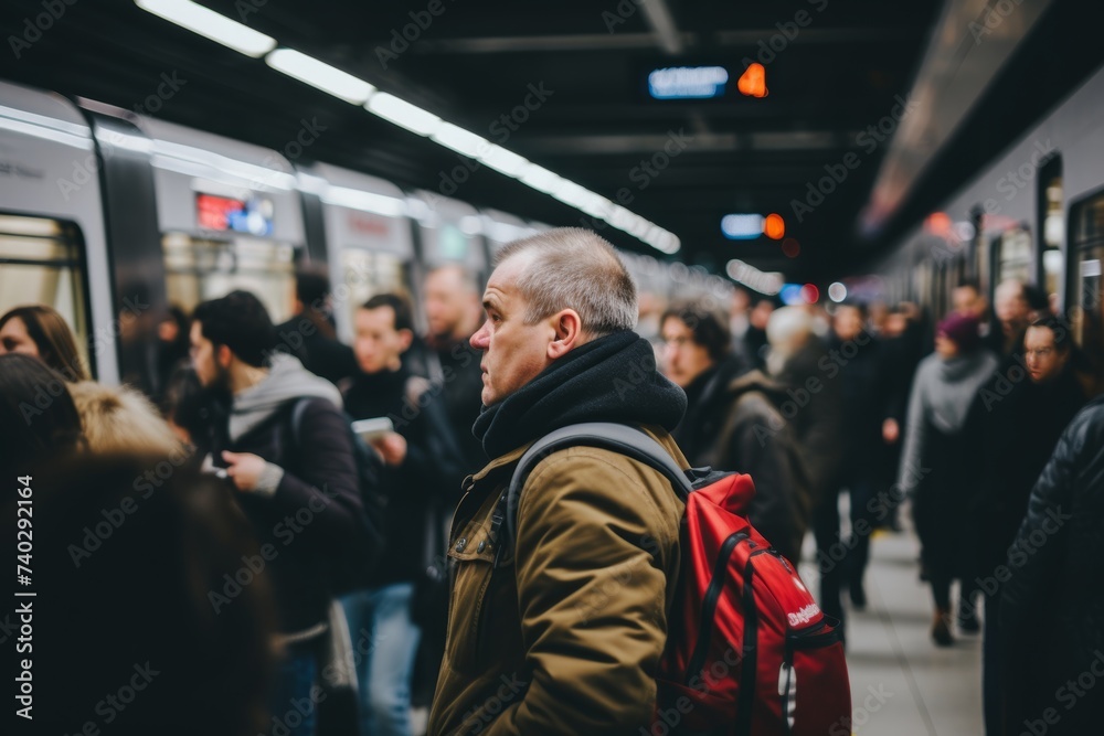 A solitary man stands with a red backpack amidst a crowd waiting for a subway train.