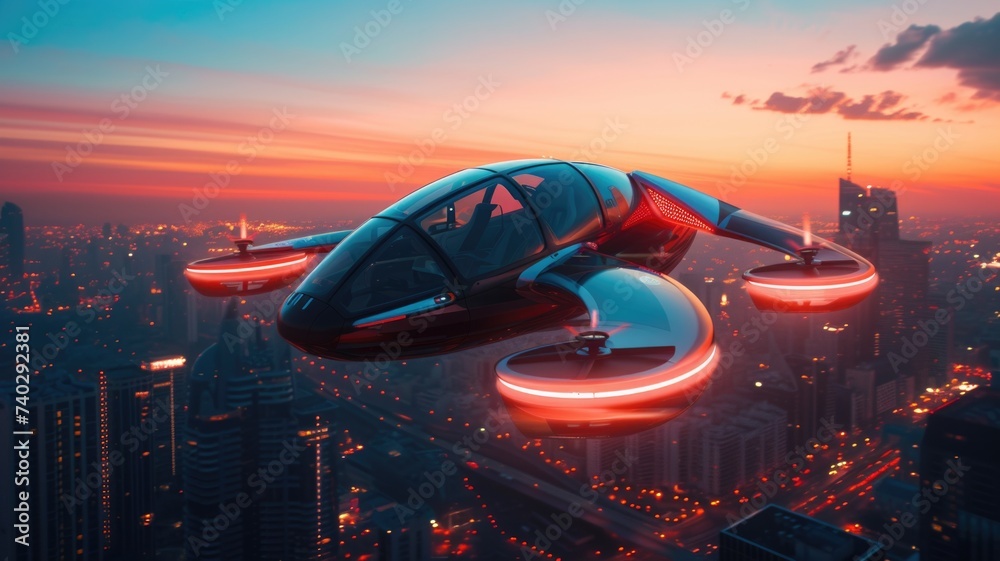 futuristic aero taxi gracefully hovering above a bustling cityscape at sunset, with sleek design and glowing lights, showcasing advanced technology and urban mobility - obrazy, fototapety, plakaty 